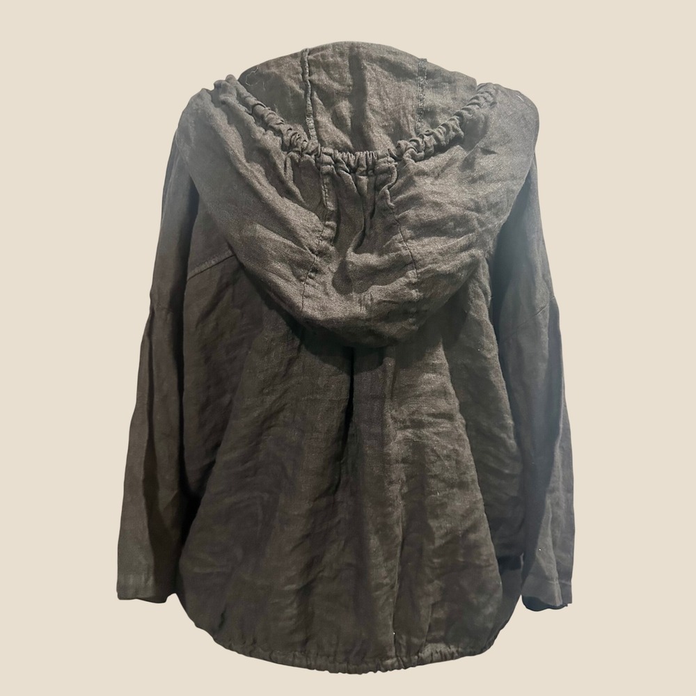 Liabella Black Linen Zip Up Hooded Jacket Boxy Relaxed Fit Three Quarter Sleeve - Picture 3 of 7